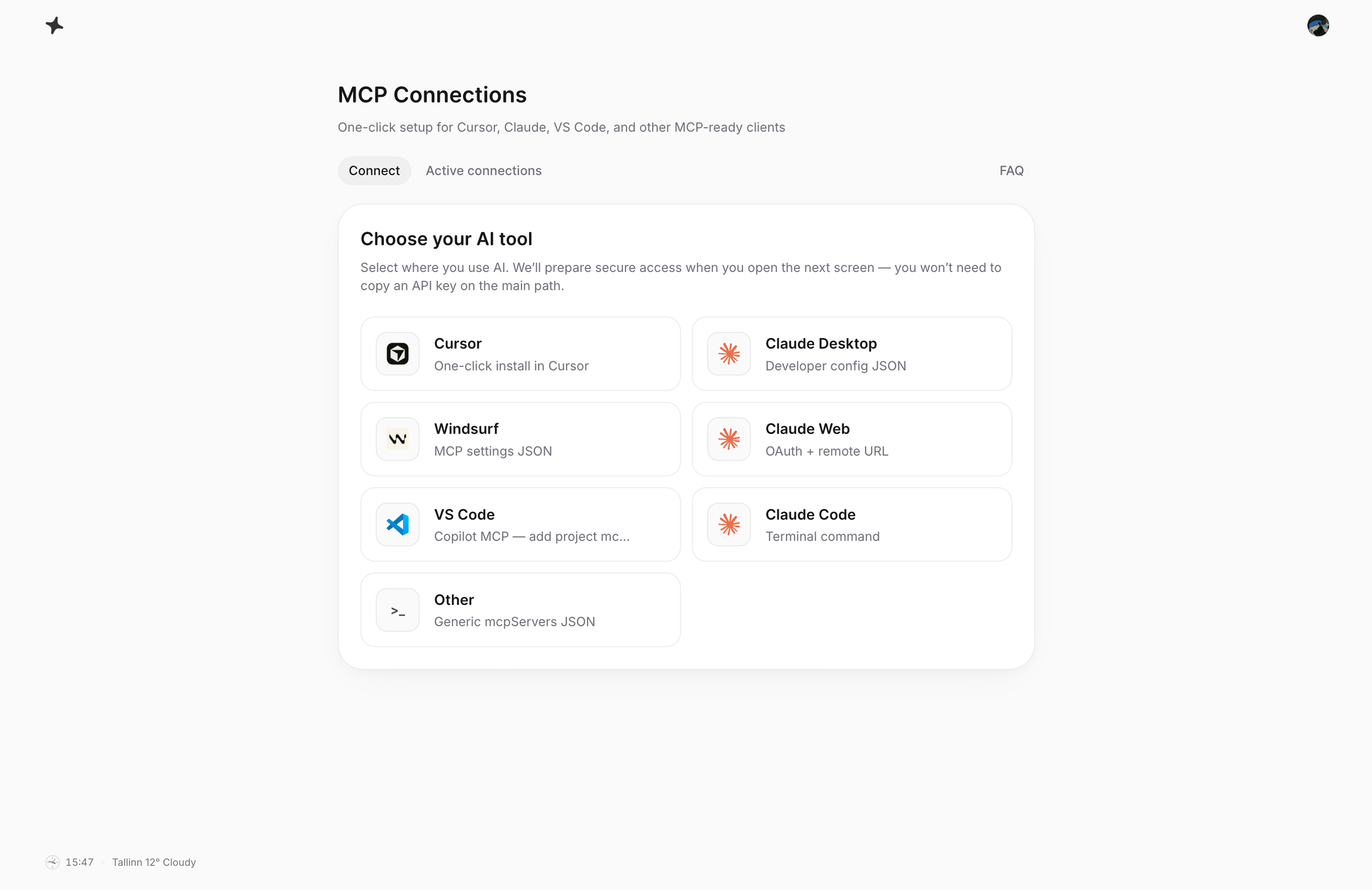 Yalp MCP Connections page for connecting AI clients.