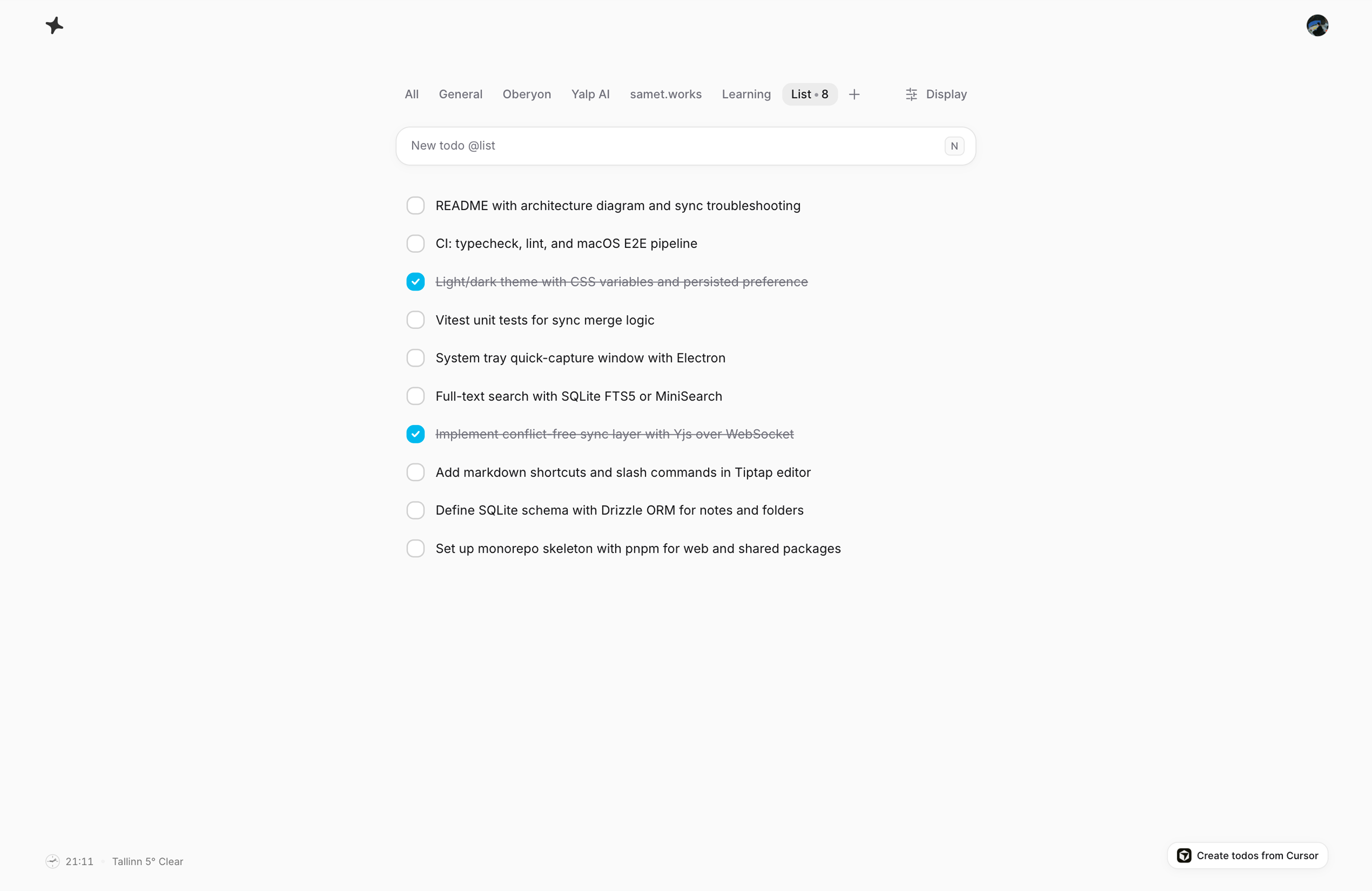 Yalp web app: list tabs, new todo field, and tasks synced from integrations.